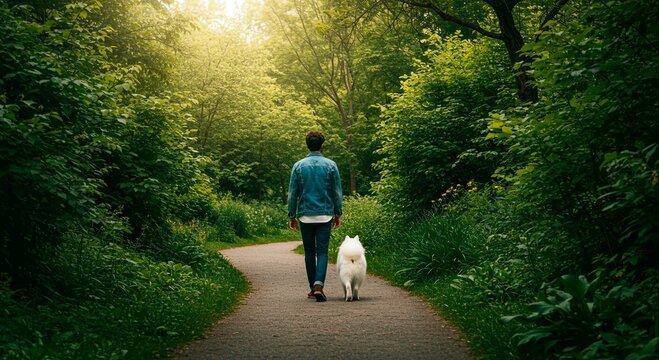 A man and his dog walk down a path through a lush green forest on a bright and sunny summer day away