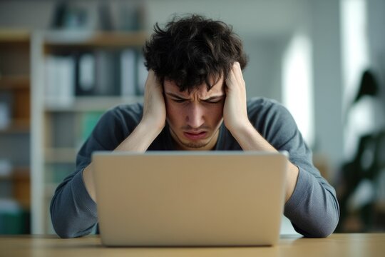 Frustrated man sits at his laptop, head in hands, overwhelmed by work or problems.