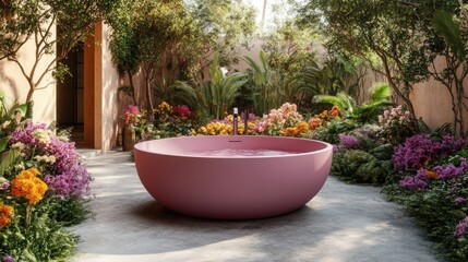 Fototapeta premium Outdoor, round, pink soaking tub in a lush garden