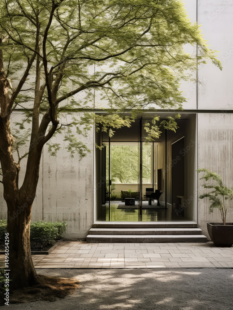 Poster tree is in front of a building with a large window