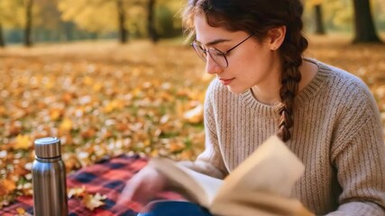 Young woman reading book outdoors  autumn park, flipping pages, picking up smartphone and reading message carefully, camera zooming model's face, concept modern technology and social media addiction - Powered by Adobe