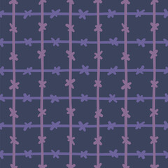 Grid with crosses pattern vector seamless. Purple doodle mesh textile repeated motif over gray.