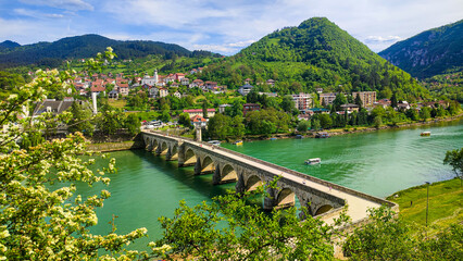 Obraz premium Ancient stone bridge on the Drina River. The famous historical bridge on the Drina River, built in 1571. by Mehmed Pasa Sokolovic in the city of Visegrad, Bosnia and Herzegovina.