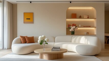 Sophisticated Luxurious Living Room Design with Curved Beige Sofa, Textured Neutral Walls, and Floor-to-Ceiling Windows, Beige Blue Design Concept, Real Estate Goals, Marketing, Purchase