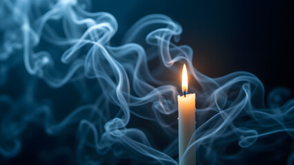 Burning candle in smoky atmosphere: A candle flame dances gracefully, casting a warm light amidst swirls of atmospheric smoke, evoking a sense of serenity and introspective contemplation.