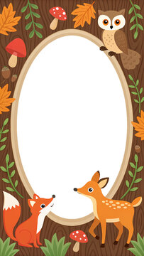 Vertical border frame with transparent center featuring a vibrant vertical border with a transparent oval center, showcasing woodland foxes, mushrooms