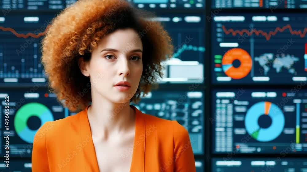 Poster businesswoman analyzing data on multiple screens with charts and graphs in a modern office. stock ma