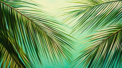Obraz premium Close-up view of tropical palm fronds against a pastel background.