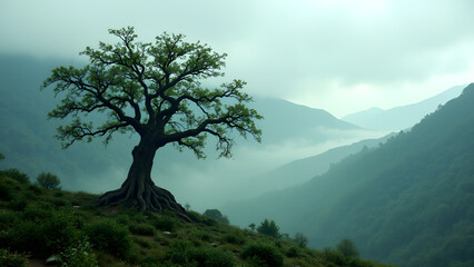 Obraz premium Ancient Tree Overlooking Misty Mountains: A solitary, ancient tree stands majestically, its gnarled roots embracing the earth, as it gazes out over a panorama of rolling.