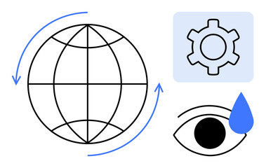 Globe with blue arrows, gear in a light blue square, eye with water droplet. Ideal for global connectivity, technology, automation, emotions, environment, sustainability simple landing page
