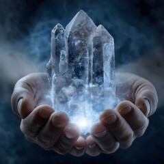 Sparkling crystals held in a hand, ethereal glowing blue light, mystical atmosphere, perfect for fantasy-themed designs.