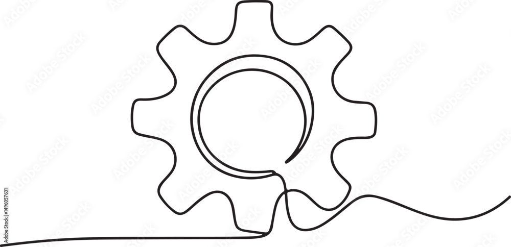 Poster interlocking gear wheels drawn in continuous one line style as a minimalist mechanical vector for in