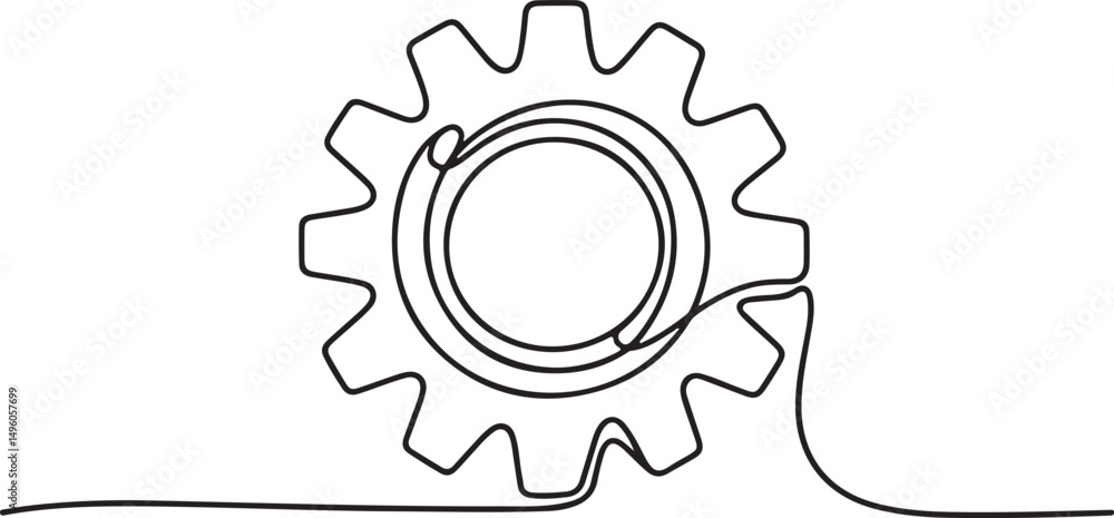 Poster interlocking gear wheels drawn in continuous one line style as a minimalist mechanical vector for in
