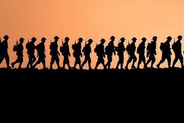 Group of silhouettes walking at sunset, diverse individuals in profile against an orange sky, unity and connection theme.