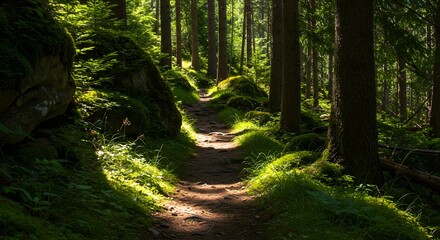 Sunlit Forest Path A Serene Hike Through Lush Green Woods