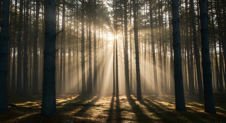 Obraz premium Sunbeams Filtering Through Misty Pine Forest at Dawn