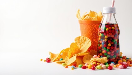 Pile of colorful candy, chips, and soda on white background, unhealthy food, sugar