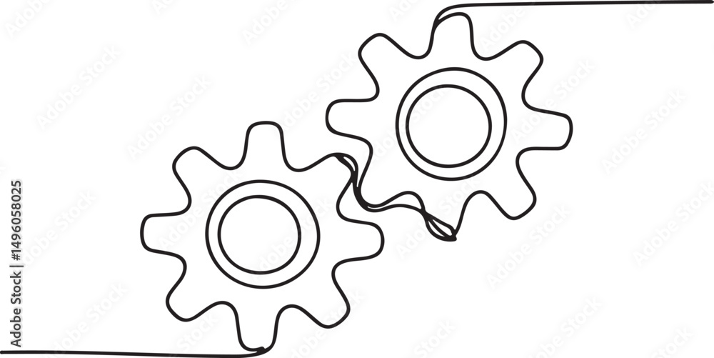 Aufkleber interlocking gear wheels drawn in continuous one line style as a minimalist mechanical vector for in