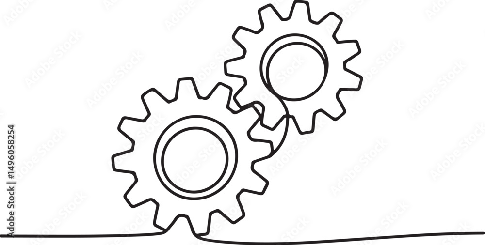 Poster interlocking gear wheels drawn in continuous one line style as a minimalist mechanical vector for in