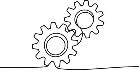 Interlocking gear wheels drawn in continuous one line style as a minimalist mechanical vector for industrial engineering design

