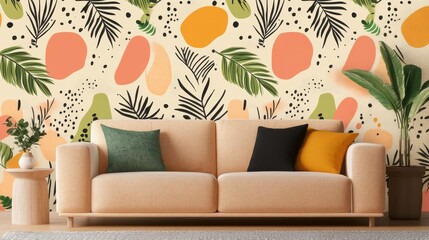 A  living room featuring a vibrant, abstract wall mural.