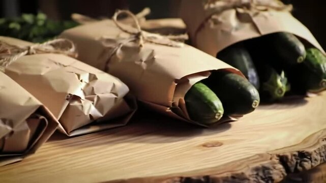 Gift Wrapped Zucchini From Farm, Wooden Background Rustic And Natural
