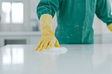 Person in protective wear cleaning a white surface. Hygiene and sanitization are depicted with the bright light and clean environment.