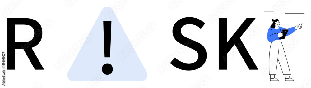 Poster large text forming risk with a warning triangle as i and a professional pointing, symbolizing precau