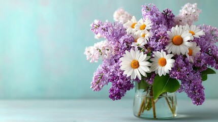 Fototapeta premium Bouquet of purple and white flowers in a blue and white table with a blue wall in the background
