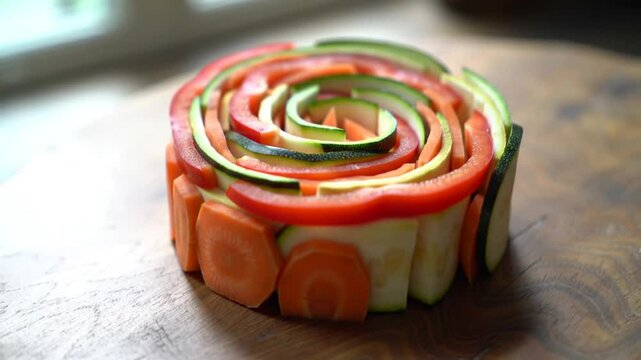 Vegetable Spiral: Colorful Layered Arrangement of Fresh Produce on Wood Surface