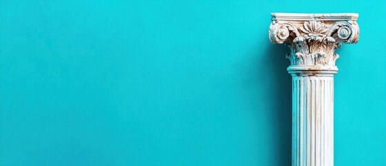 A white classical column with ornate capitals stands against a bright blue background.