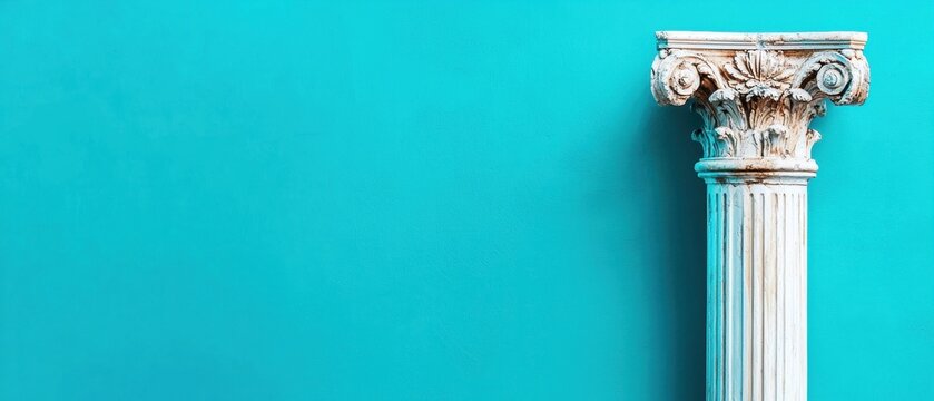 A white classical column with ornate capitals stands against a bright blue background.