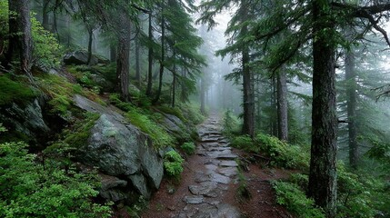 Obraz premium A narrow trail surrounded by towering trees and bordered by jagged rocks on either end