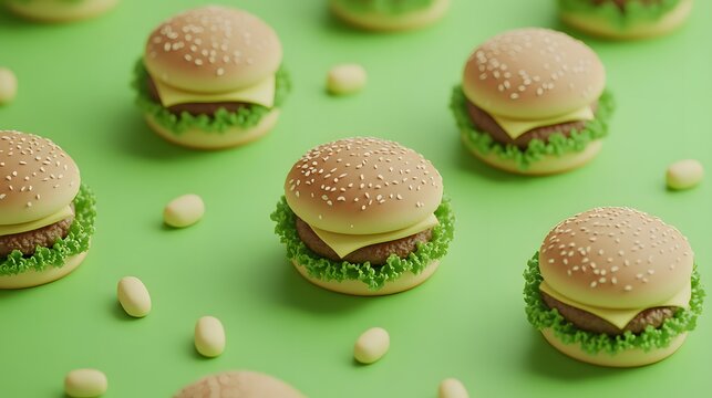 Geometrically arranged miniature hamburgers on a vibrant backdrop.