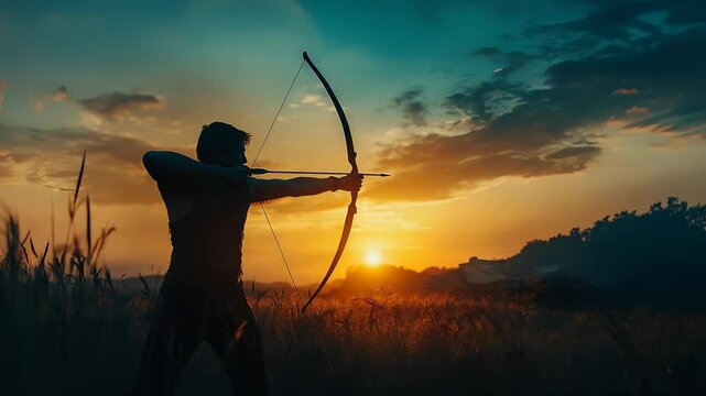 Archer aiming bow and arrow at sunset in nature, focused target shot, sportsman