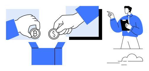Two hands contributing cryptocurrency and traditional currency into a box, with a professional presenter pointing. Ideal for donations, crowdfunding, investments, currency, finance, presentations