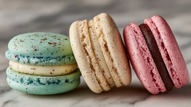   Three macaroons sit together on a marble countertop, surrounded by two macaronis