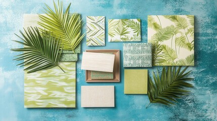 Collection of patterned decorative panels and tropical foliage.