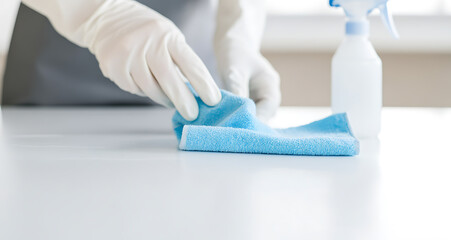 Naklejka premium Sanitizing Surface: Gloved hands wiping a white surface with a blue cloth, spray bottle in background. Focus on hygiene and cleanliness.