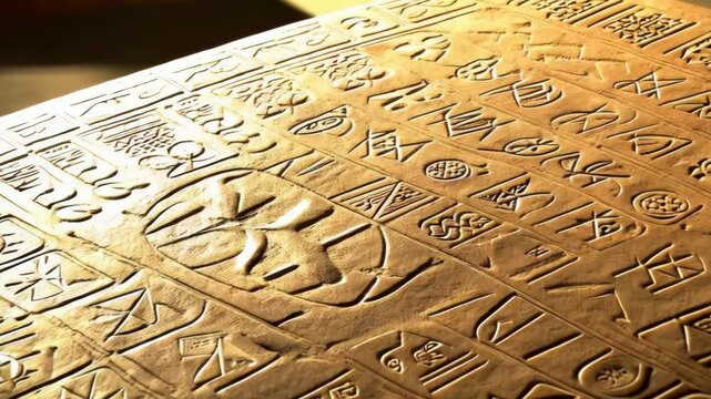 Ancient stone tablet with hieroglyphic carvings illuminated by warm light showcasing historic cultural symbols, history, and archaeological discovery