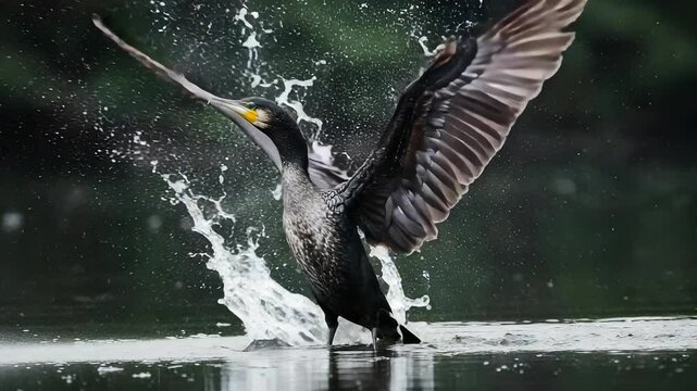 Majestic cormorant bathing in a tranquil lake, flapping wings and creating splash