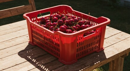 Red plastic basket filled with fresh cherries on a wooden table outdoors in sunlight