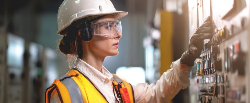 The skilled female engineer operating machinery in a modern industrial setting.