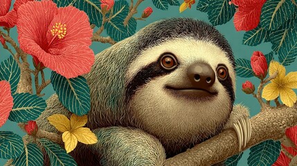 Fototapeta premium A Sloth in a Tree - An oil painting featuring a languid sloth perched on a branch, surrounded by vibrant red and yellow flowers against a serene green back