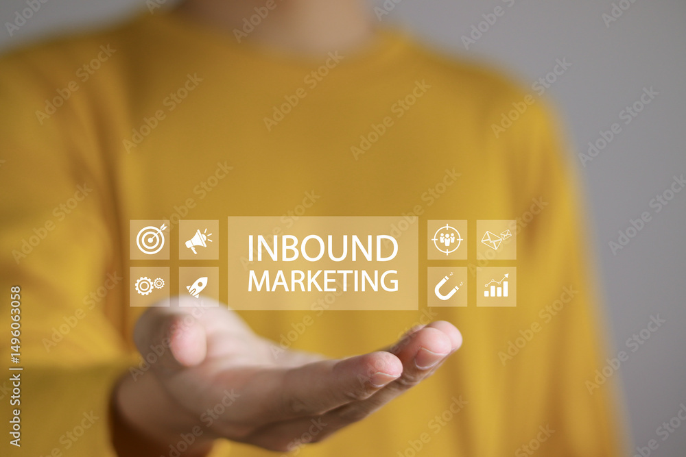 Poster inbound marketing strategy concept. creating attraction for customer groups. person showing inbound 