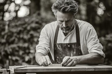A craftsman meticulously works on a piece of wood, showcasing his skill and dedication to his craft.