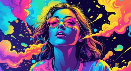 Naklejka premium Psychedelic art woman portrait with colorful smoke and glasses illustration art