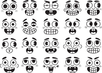 Vector art of Collection of cartoon faces showing various emotions isolated on white background, featuring happy, funny, and comic expressions in a simple black and white design