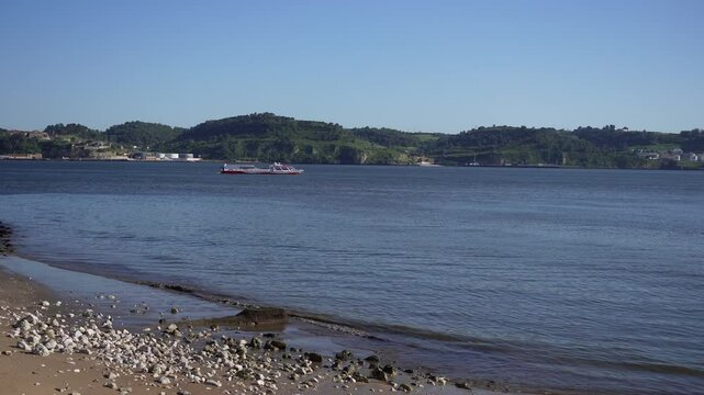 Coastal Seascape with Old Fortress Wall Boat and Sandy Beach under Blue Sky
