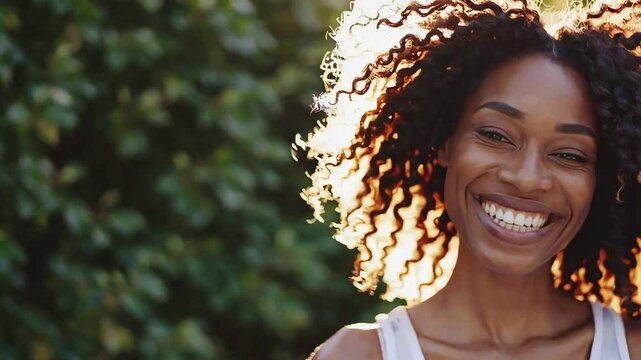 Curly-haired woman laughing in the sunlight